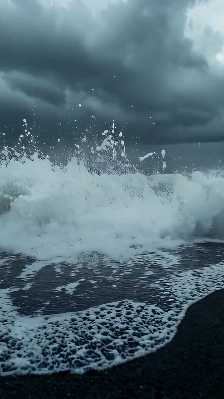 Vertical video: Breaking ocean wave driven by storm swell crashing onto pebbly shore, spraying foam