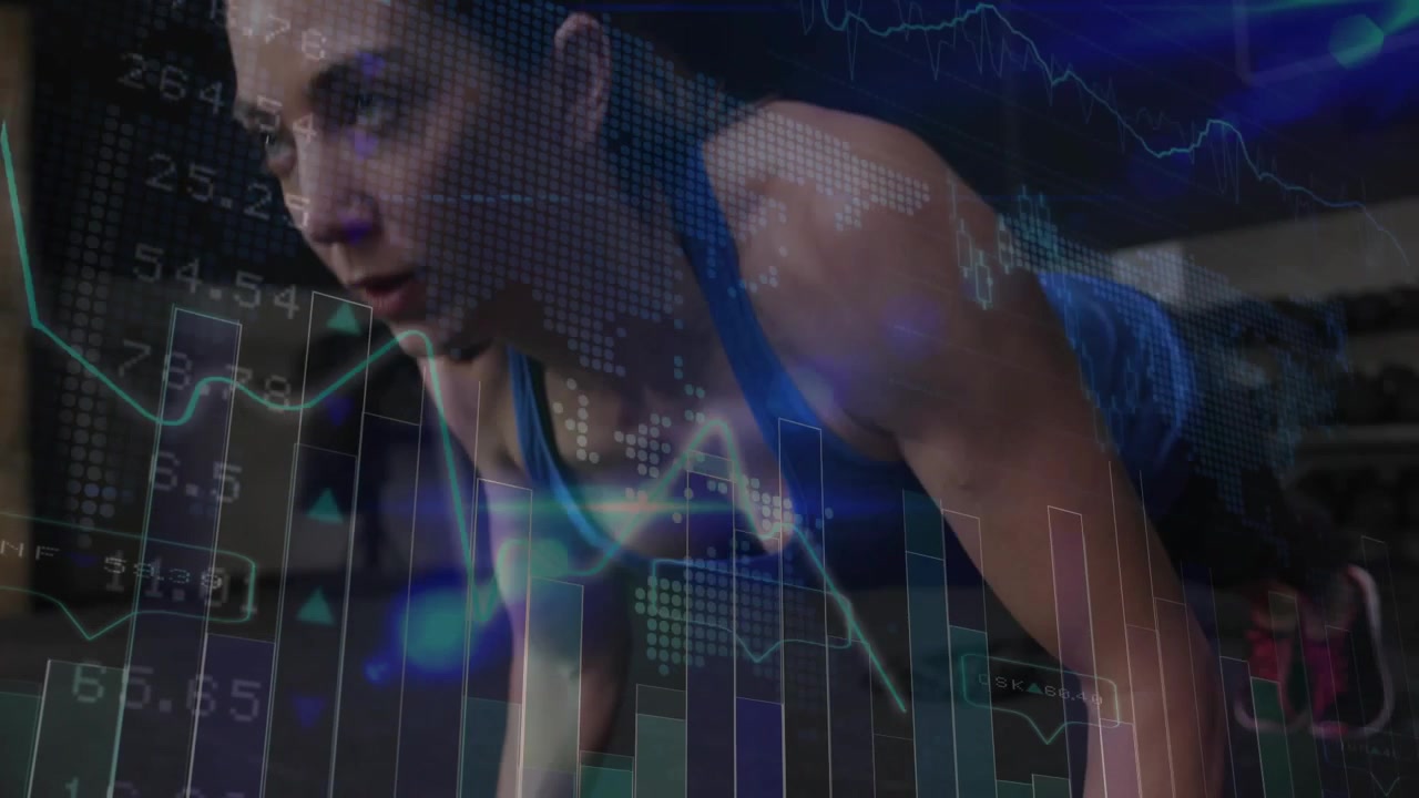 Donna che inspira e spinge verso l'alto da flessioni basse, facendo ripetizioni per il fitness, con grafici di dati in sovrapposizione.