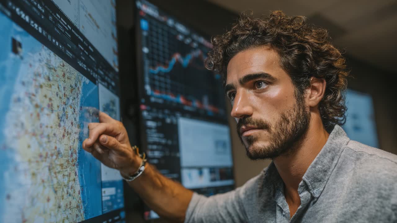Fokuseret analytiker engageret i datavisualisering og strategisk analyse med avancerede digitale skærme til tendensanalyse og beslutningstagning