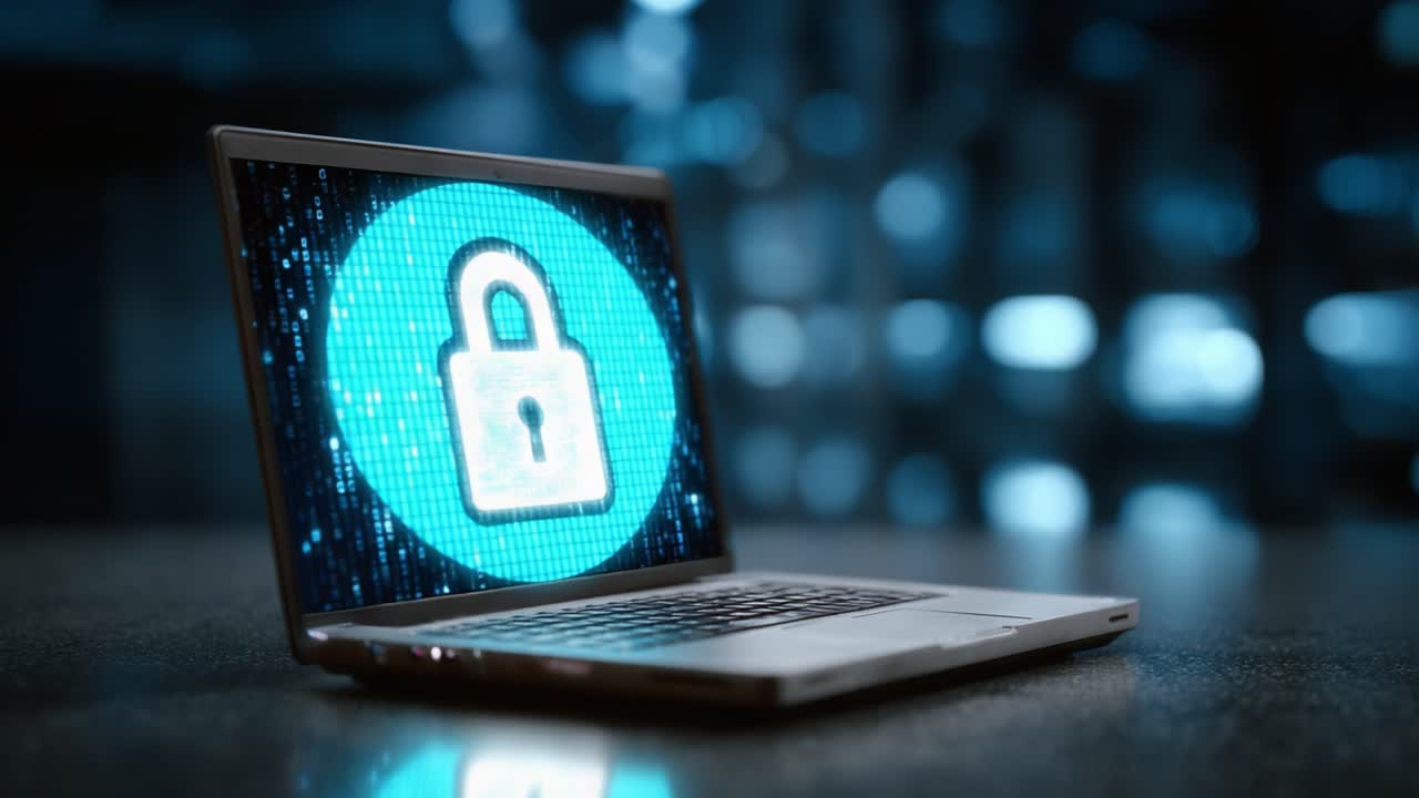 Exploring Digital Security: A Laptop Displaying Encrypted Lock Symbols Against a Futuristic Background with Codes and Data Streams