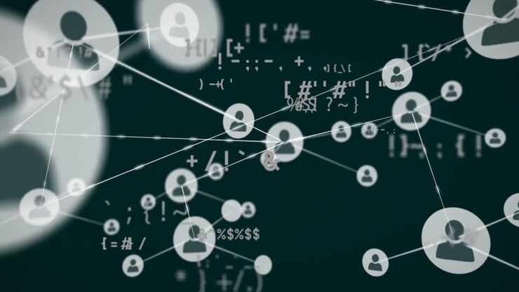 Animation of connected profile icons over computer special characters