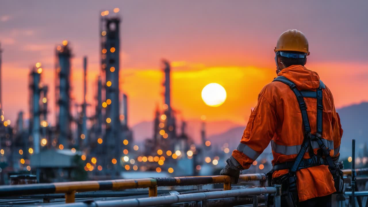 A Worker Observes a Beautiful Sunset Over an Industrial Landscape, Capturing the Harmonious Blend of Nature and Industry in a Moment of Reflection