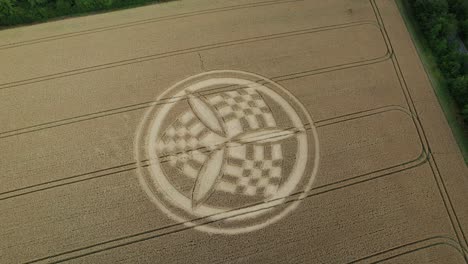 aerial view circling over anonymous south wonston 2023 crop circle on hampshire golden wheat field