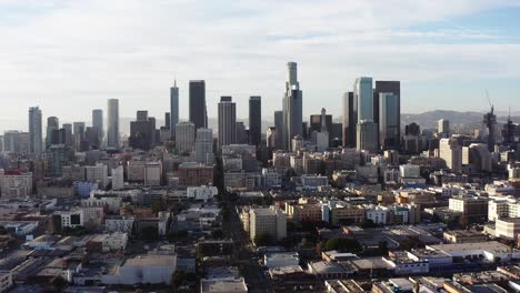 aerial wide shot strafing left to right of downtown los angeles in 2020