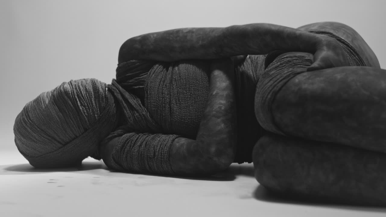 A mummy of a woman lying on the white backdrop