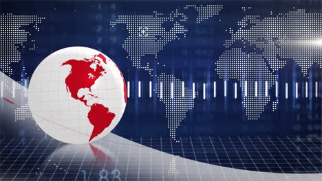 Globo-Giratorio-Con-Continentes-Rojos-Y-Animación-De-Mapa-Del-Mundo-Sobre-Fondo-De-Cuadrícula