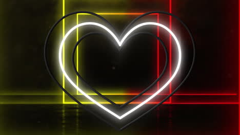 animation of neon heart icons over square pattern on black background