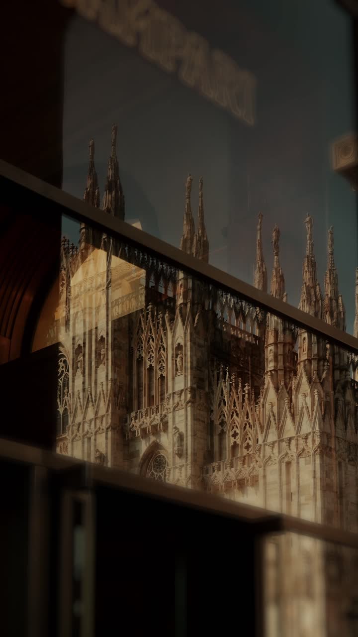 Riflesso del Duomo di Milano su una superficie di vetro, che crea una vista stratificata della facciata gotica della cattedrale nel centro di Milano.