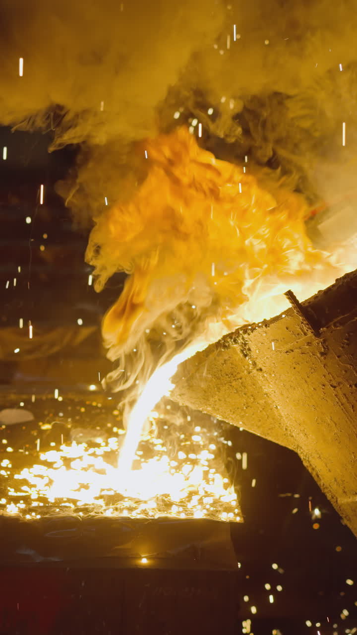 Explosive metal casting in foundry, shower of sparks from molten metal