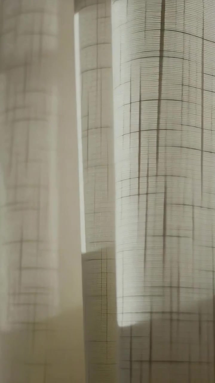 Vertical video: Moving sheer curtains showing grid, sun patches and cushion in bedroom