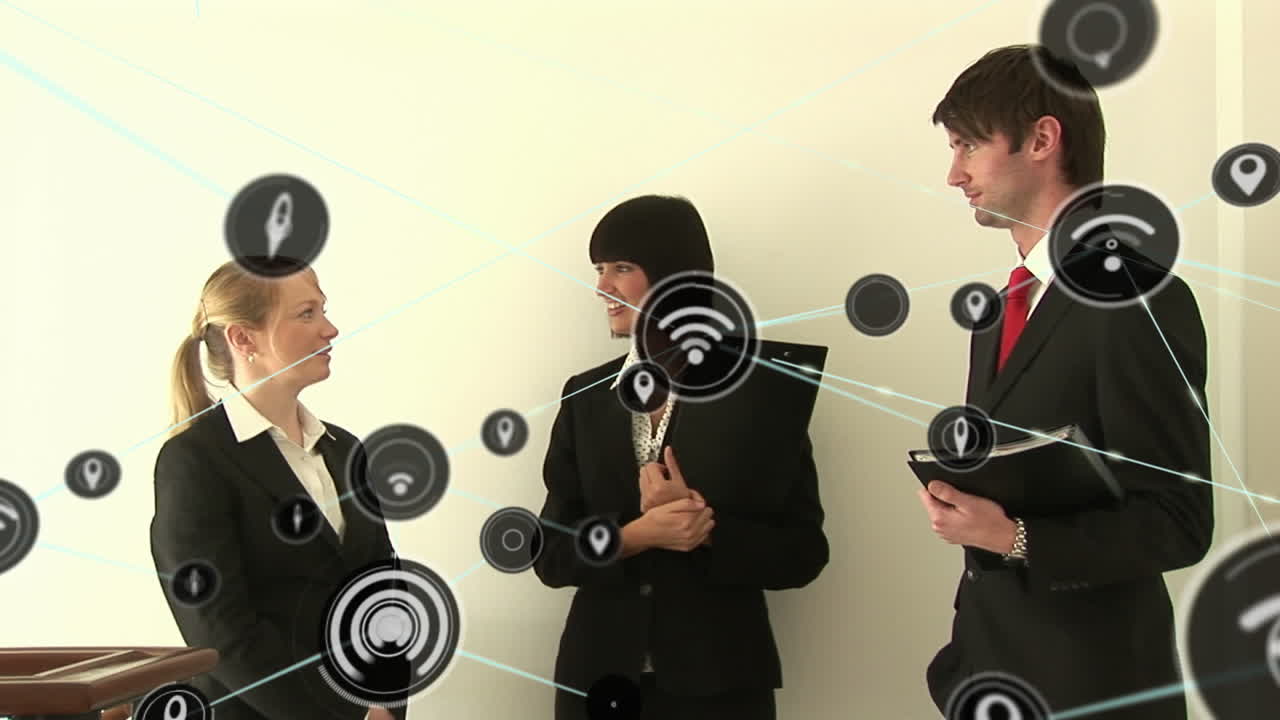 사무실에서 토론하는 다양한 사업가 그룹에 대한 디지털 아이콘 네트워크의 애니메이션