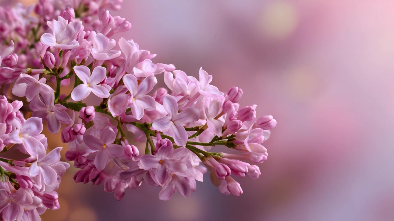 Cabang Bunga Lilac yang Indah Menampilkan Mekar Merah Muda yang Halus, Menangkap Esensi Musim Semi dan Keanggunan Alam dalam Latar Belakang Buram yang Tenang