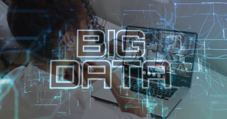 woman seated laptop initiating conference call animating BIG DATA with cyan graphics for teamwork