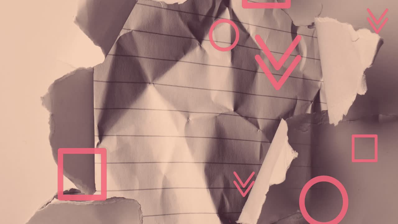 변하는 종이 배경 위에 떨어지는 분홍색 모양과 기호의 애니메이션