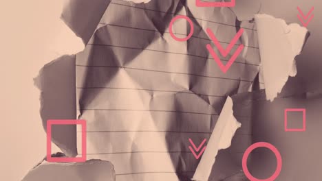 animación de formas y símbolos rosados que caen sobre fondos de papel cambiantes