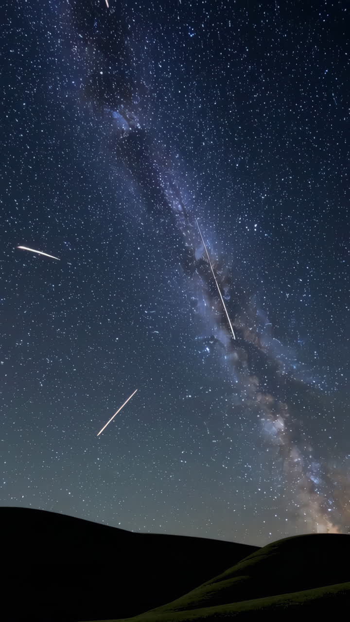Milky Way over Hills with Meteors