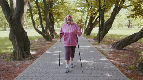 Senior-healthy-retired-woman-grandmother-training-Nordic-walking-in-summer-park,-ski-trekking-poles