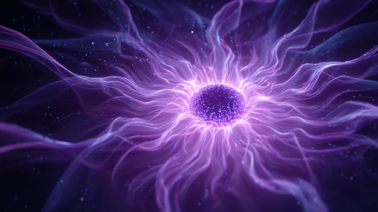 A mesmerizing display of cosmic energy unfolds in these frames, revealing a stunning central core surrounded by vibrant, swirling particles, pulsating with luminous shades of purple and blue, creating an otherworldly atmosphere