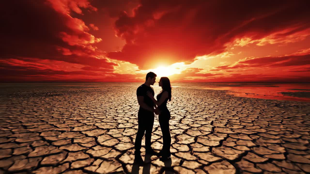 Romantic couple in the desert at sunset