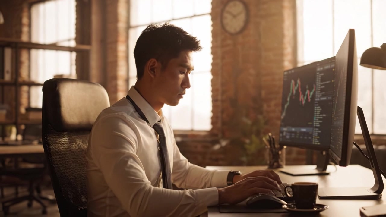 Professionista concentrato che analizza dati finanziari al computer con grafici in un ambiente d'ufficio luminoso, a simboleggiare dedizione e processo decisionale strategico.