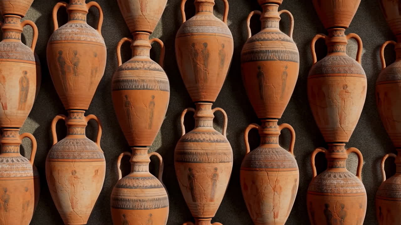 File di anfore in terracotta su una parete, superfici invecchiate con fasce geometriche sbiadite e deboli motivi figurativi, con tonalità calde.