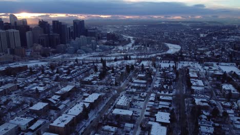 a winter sunset flight over calgary's downtown with a drone