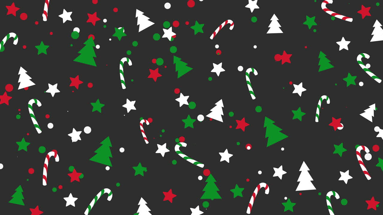 Christmas pattern with sweets, snowflakes, tree on a grey background. Loop animated winter background.