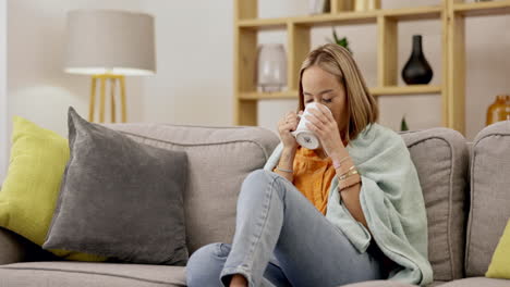 asian woman on couch, coffee and relax with peace