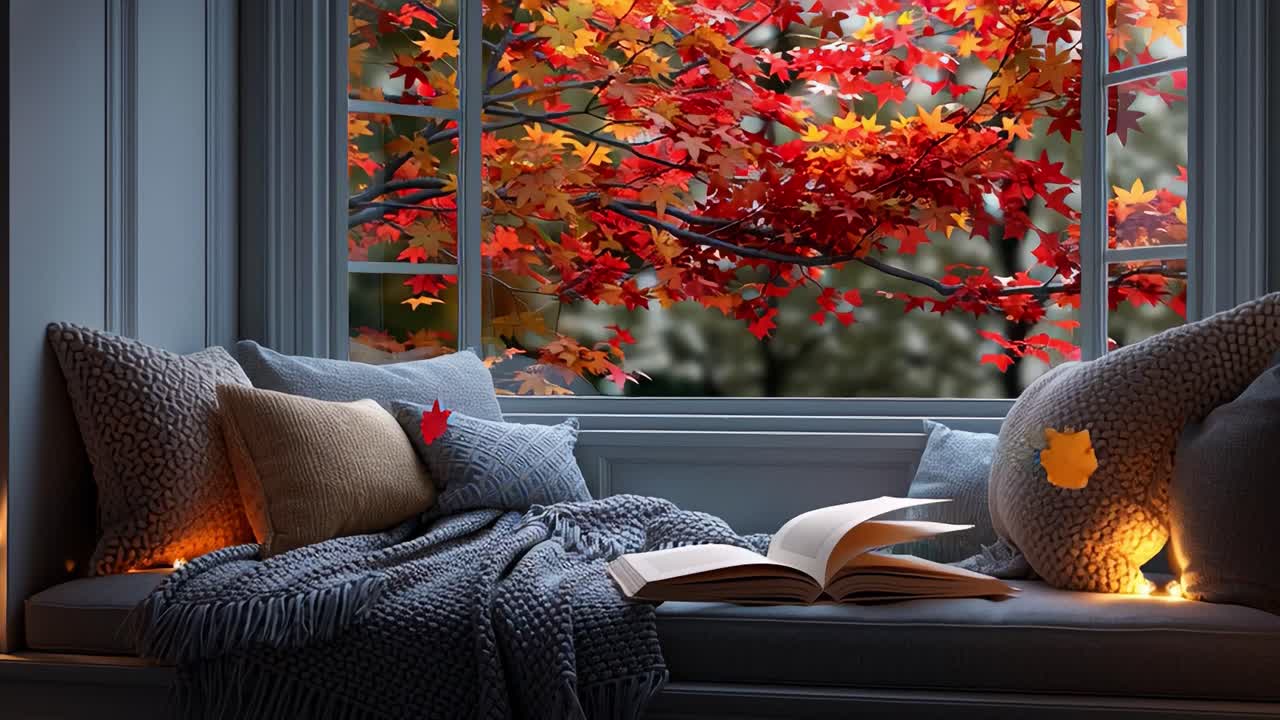 A Cozy Reading Nook with a View of Autumn Leaves: Soft Textures, Warm Lighting, and a Peaceful Atmosphere Create an Inviting Space for Relaxation and Reflection