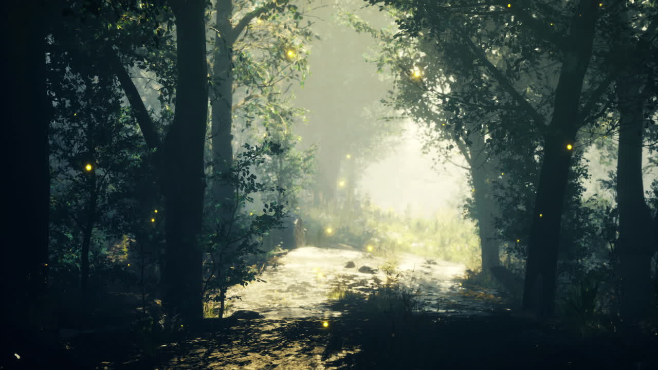Glowing fireflies dance above a serene forest stream during twilight