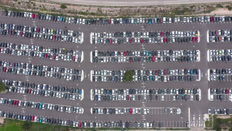 large aerial top down view over a parking lot full of cars with a tree