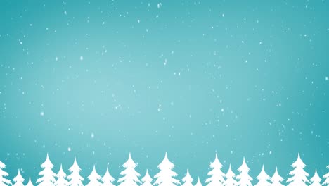 Animation-of-snow-falling-over-blue-background-with-fir-trees