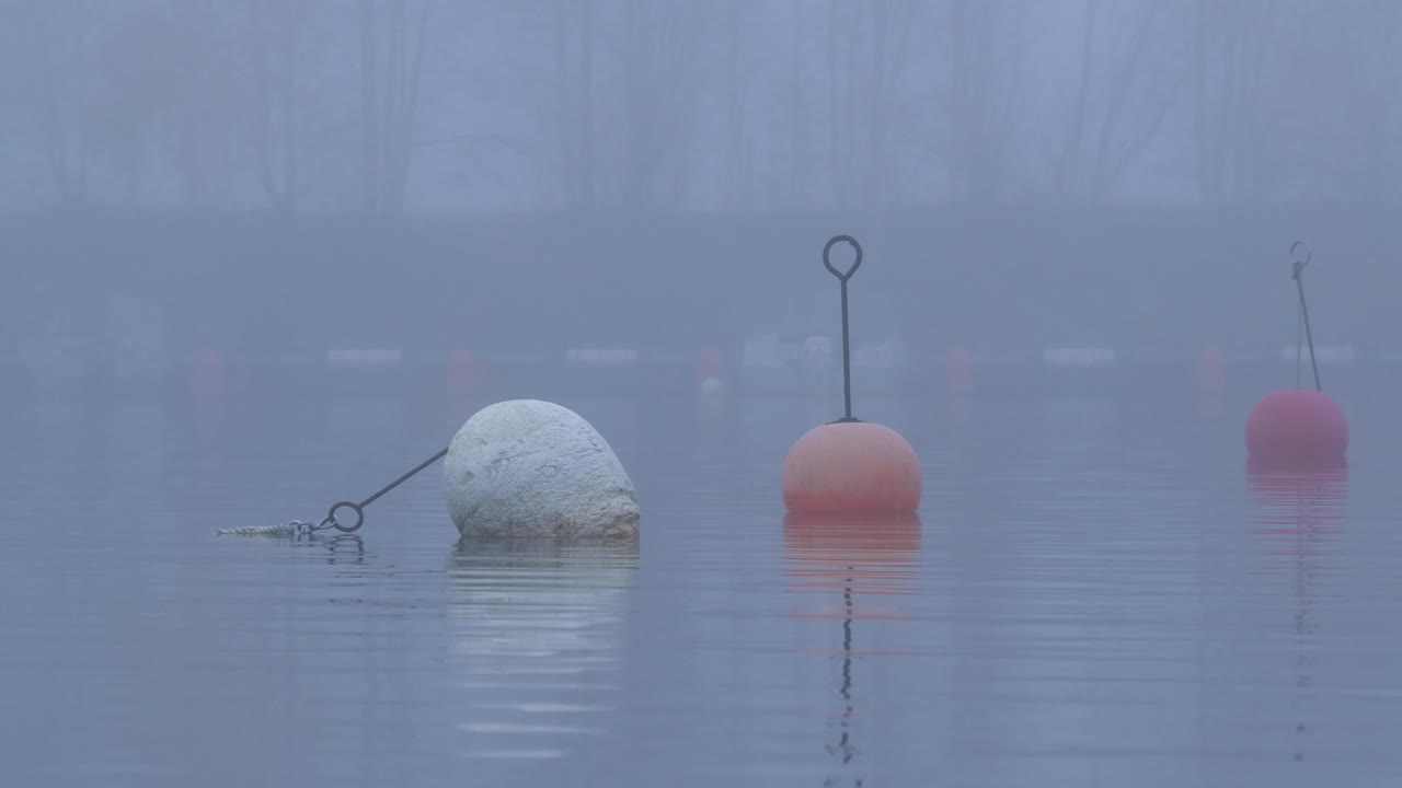 안개가 자욱한 콜드 하버 - 와이드 샷에 흰색과 빨간색 계류 및 신호 부표