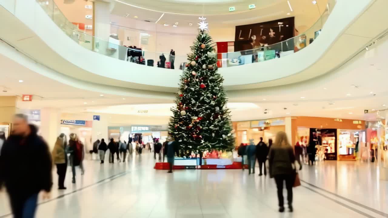 Blurred scene for a background of people walking through a shopping mall decorated for Christmas