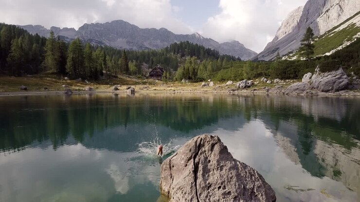 Man Swimming and Diving in Alpine Lake