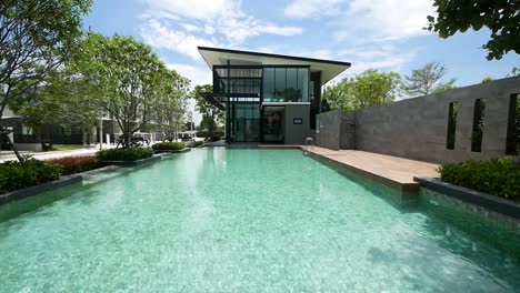 modern and peaceful swimming pool with beautiful garden