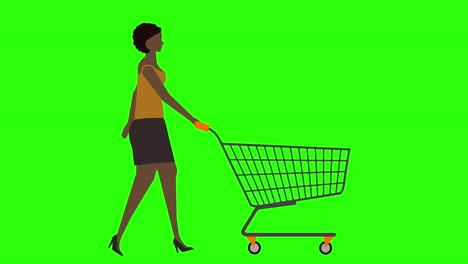 mujeres caminando en bicicleta bucle sin costuras, tirando del carrito de compras, pantalla verde animación de clave croma, diseño plano