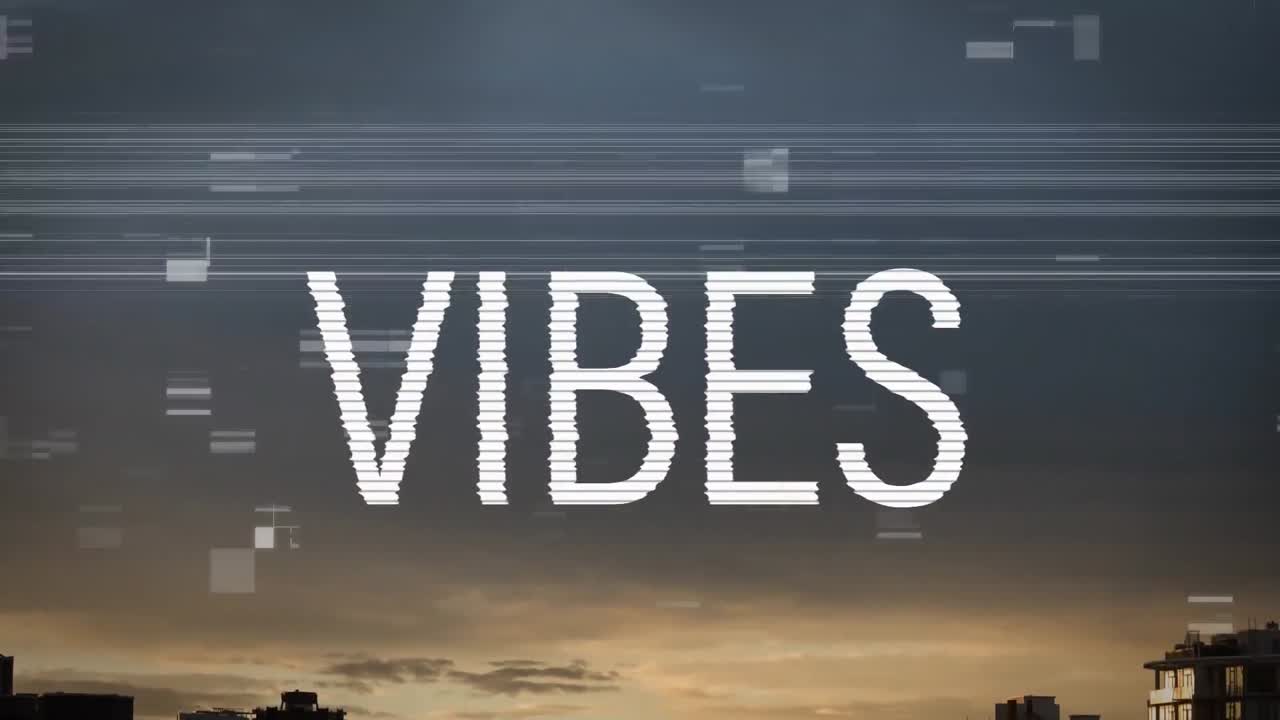 Animation of vibes text in white with interference over sunset sky over city