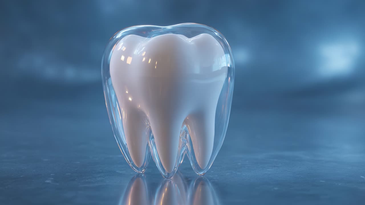 An Impressive Close-Up of a Realistic Transparent Tooth Model, Showcasing Its Glossy Surface and Intricate Details in a Softly Lit Atmosphere