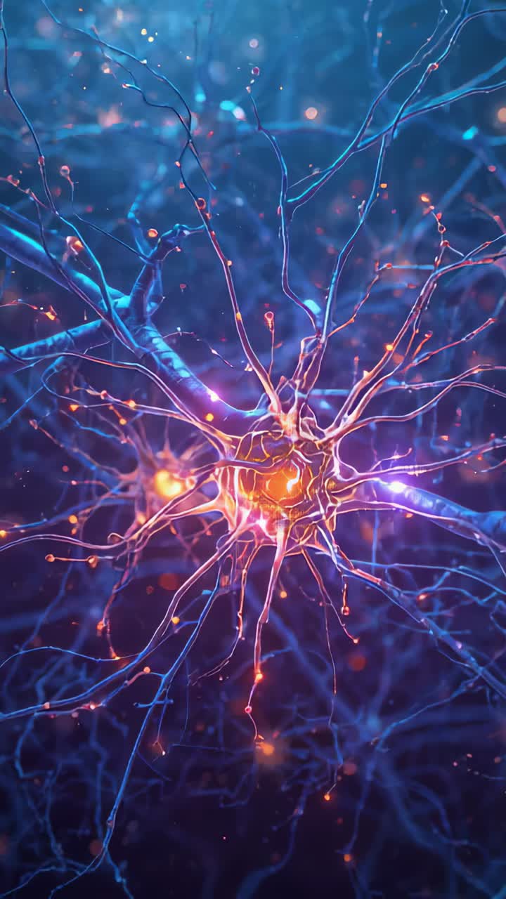 Vertical video: Glowing central soma spreading pulses along arms in micro mesh to signal with nodes