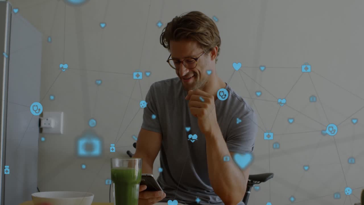 iconos médicos digitales contra el hombre que usa teléfonos inteligentes