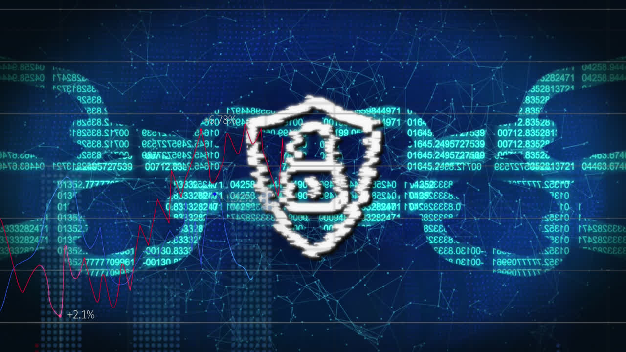 Animation of security padlock, chain icon, network of connections and statistical data processing