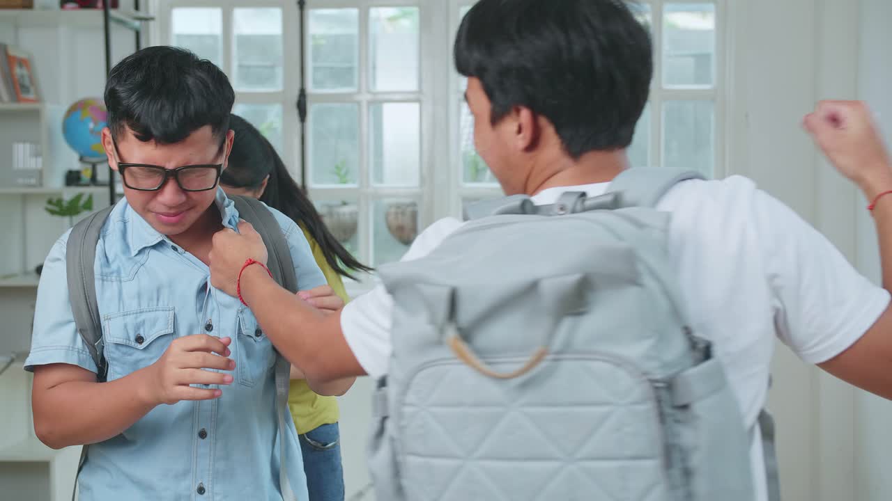 Young Asian Kids Attacking Caucasian Boy In Glasses, Bullying