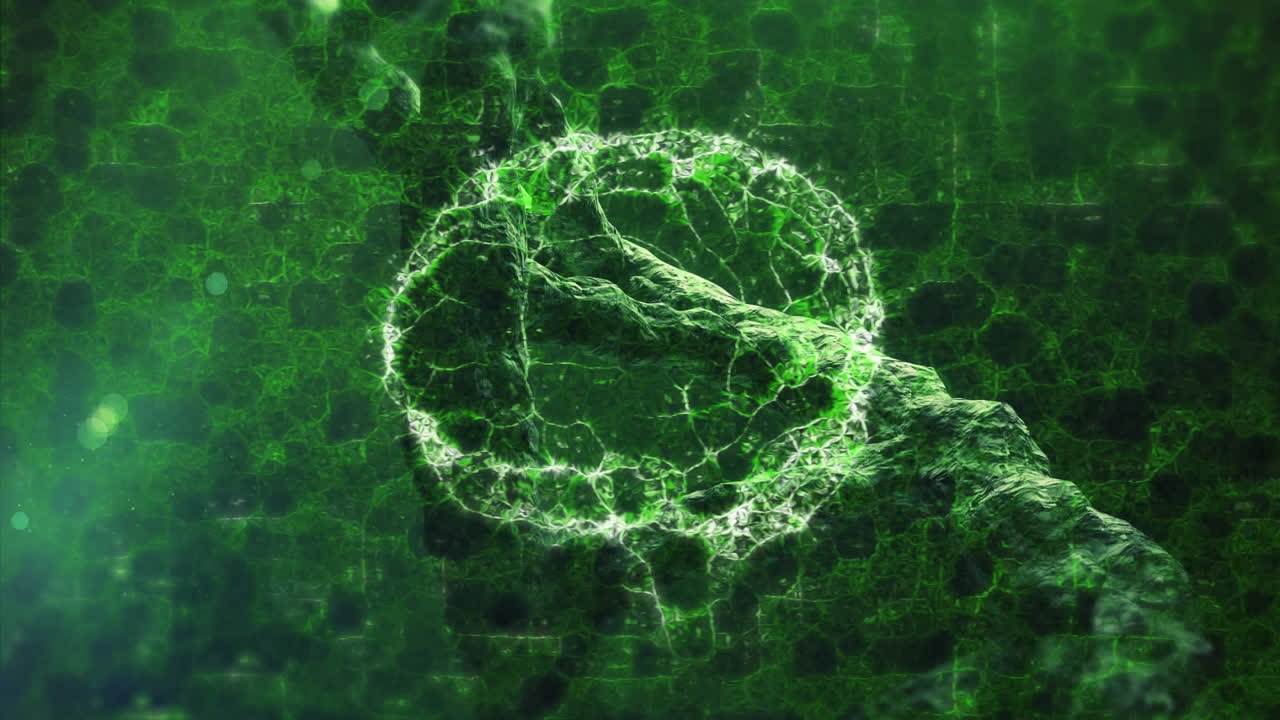 animación de la cepa de adn y el cerebro humano hecha de conexiones verdes sobre fondo negro