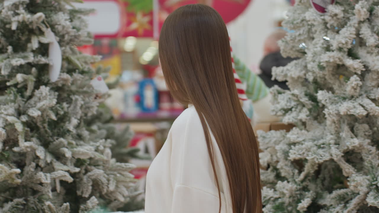 Side view of young woman walking in Christmas store filled with diverse holiday decorations and toys, she walks up to snowy themed Christmas tree as she shops for festive items