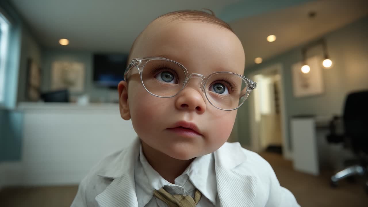 Un adorabile neonato con gli occhiali assume un'espressione seria in un ambiente professionale, dimostrando curiosità e intelligenza superiori alla sua età in due immagini
