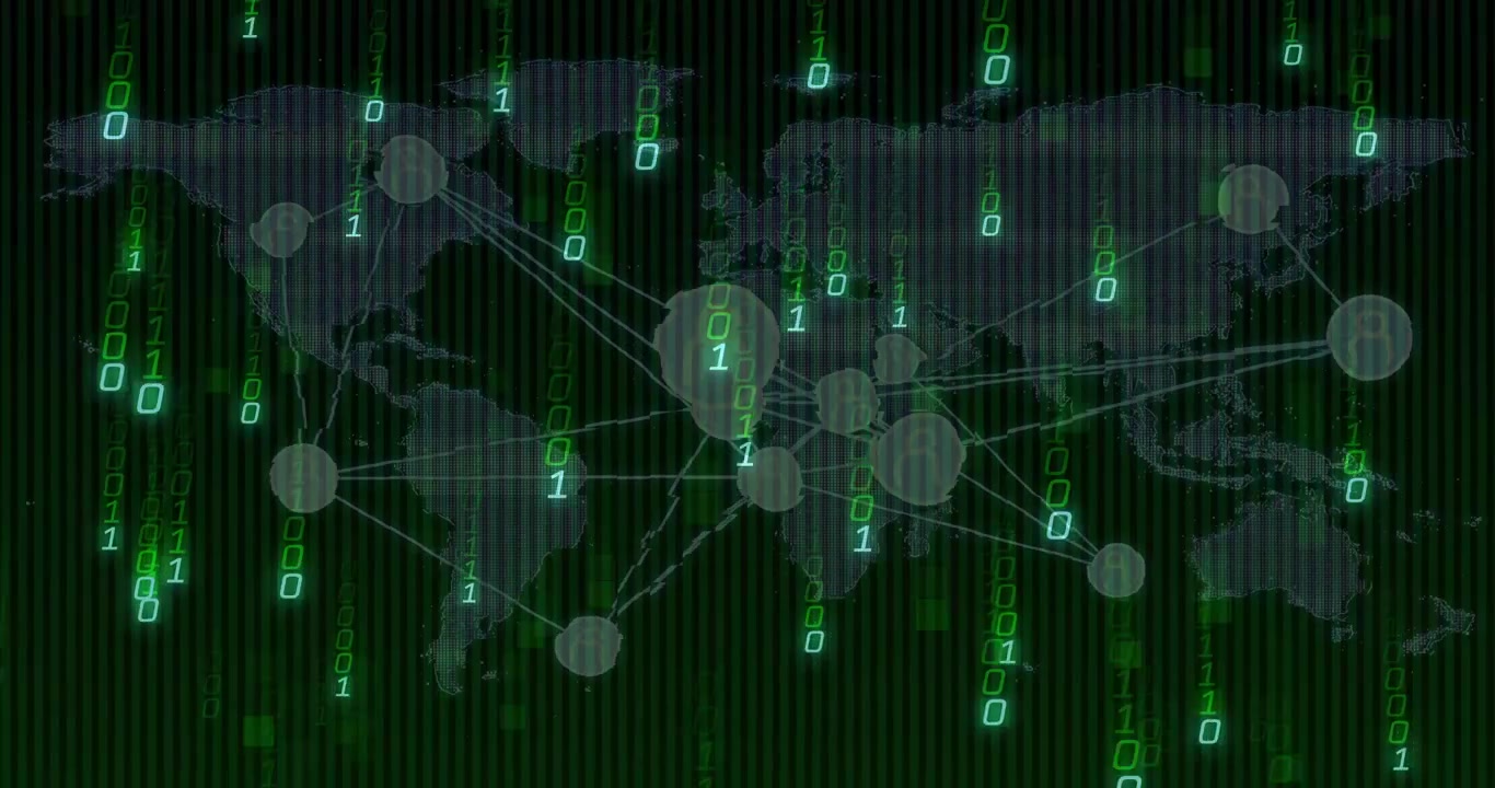 Stylized global map nodes reacting as binary digits cascading from top-left showing net data