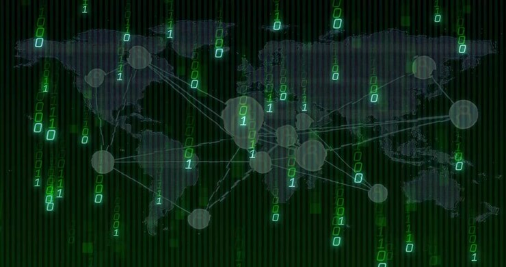 Stylized global map nodes reacting as binary digits cascading from top-left showing net data