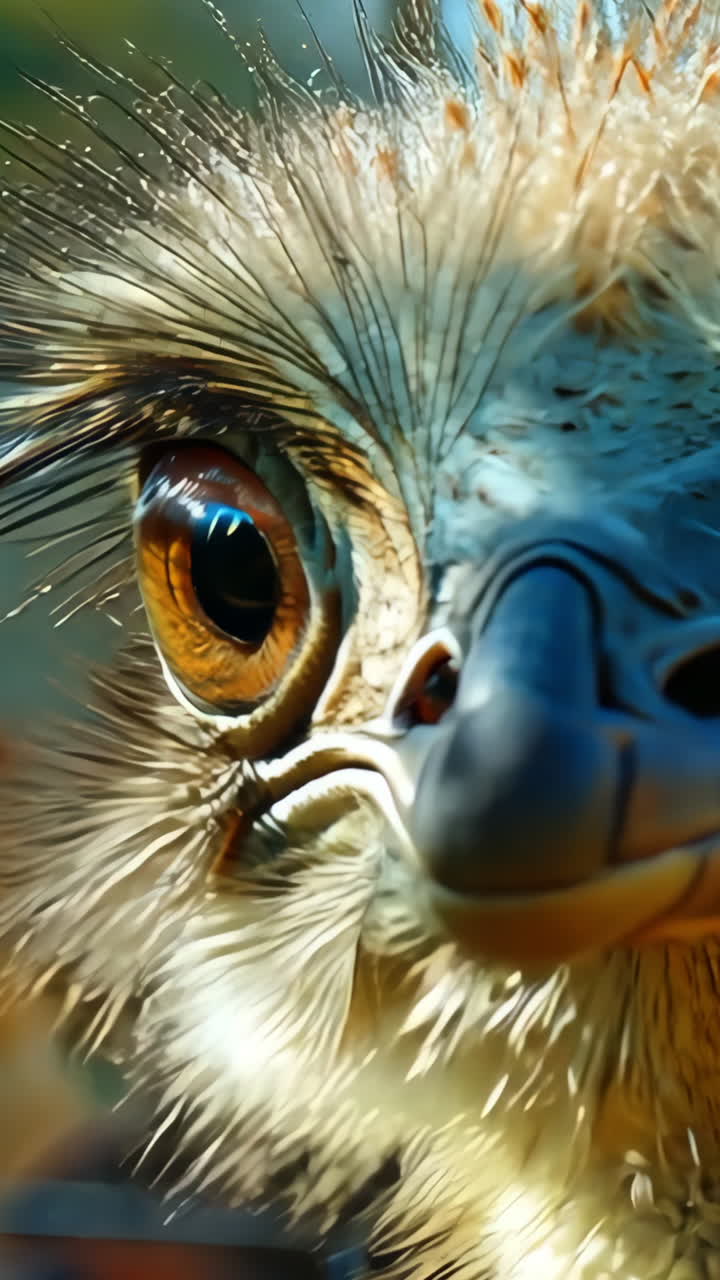 A close up of an ostrich's face with its eyes open and looking at the camera. The ostrich is surrounded by other ostriches, some of which are also looking at the camera