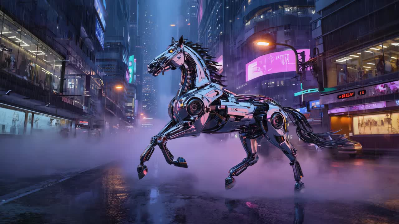 Cavallo meccanico cyberpunk in una città futuristica